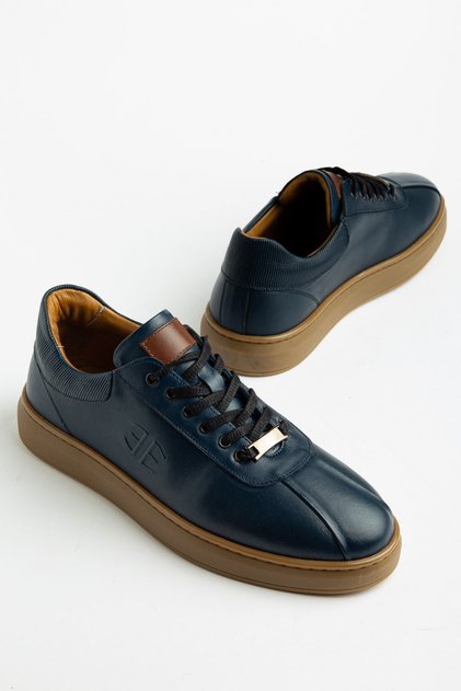 Genuine Leather Men's Daily Casual Shoes Navy Blue with Tied Front Stitching