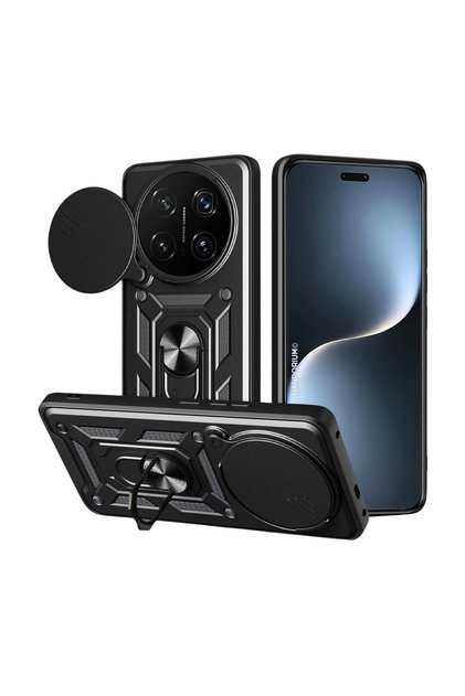 Honor Magic 8 Pro Compatible Tank Case - Extra Protection Armored Outdoor Cover with Ring Stand - Black
