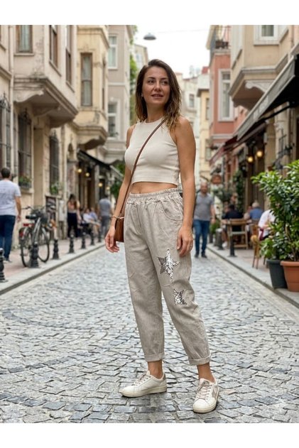 Women's Italian Mink Elastic Waist Sequin Star Detail Carrot Leg Trousers