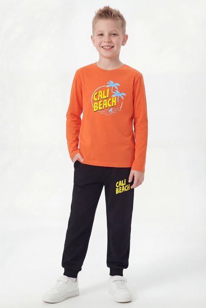 Round Neck Sweatshirt with Elastic Cuffs, Sweatpants, Printed Long Sleeve Boys' Top and Bottom Set