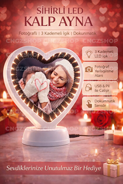 Kalp Şeklinde LED Sihirli Ayna Fotoğraf Çerçevesi – Dokunmatik 3 Kademeli Işıklı Makyaj Aynası | USB