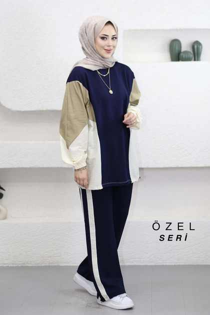 Oversized Pair Garni Detailed Striped Modal Hijab Women's Suit 3186 - Special Series