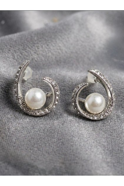 Modern Silver Color Earrings with Spiral Sparkle Stones and Pearl Detail