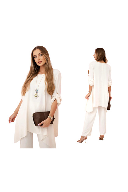 Set de damă bej deschis cu colier: tunică și pantaloni largi
