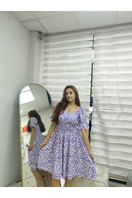 Square Neck Watermelon Sleeve Gipeli Floral Patterned Summer Dress