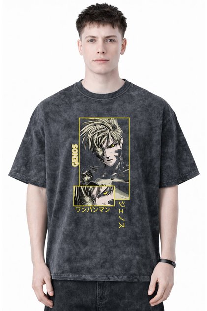 Design Genos One Punch Man Anime Printed Unisex Oversized Vintage Washed T-Shirt