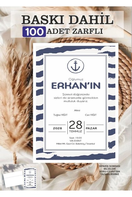 100 adet Baskı ve Zarf Dahil Sünnet Davetiyesi Baskılı Zarflı Davetiye
