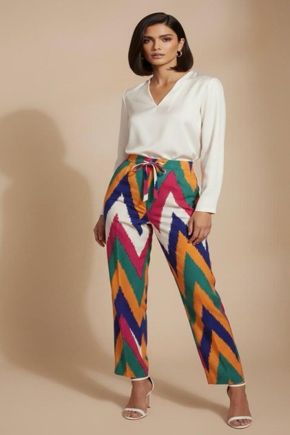 3030 High Waist Patterned Viscose Loose Summer Women's - Comfortable Cut Trendy Trousers