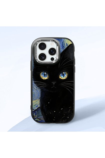iPhone 16 Pro Compatible Shock-Absorbing Camera Protected Black Silicone Case Cat Patterned