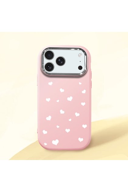 iPhone 17 Pro Max Compatible Shock-Absorbing Camera Protected Pink Silicone Case Heart Pattern