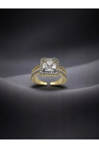 Gold Color Large Zircon Stone Square Baguette Model Adjustable Steel Ring - Does Not Tarnish