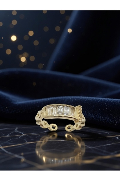 Zircon Stone Baguette Model Gold Color Adjustable Steel Ring - Does Not Tarnish