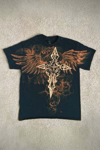 Negru Estetică Vintage Cruce Înaripată Y2K Unisex tricou