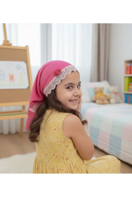 Stretchy Viscose Girl's Triangle Bonnet Elegant Lace Detailed 2-9 Years Old Floral Design Fuchsia Triangle Children's Bonnet