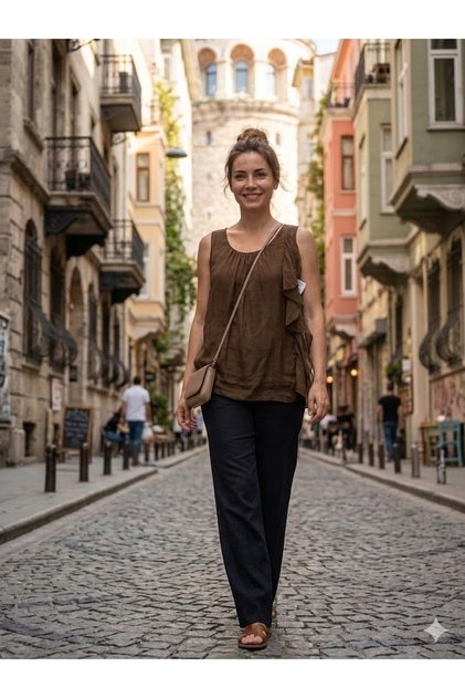 Women's Italian Brown Round Neck a Lined Sleeveless İ Silk Luz