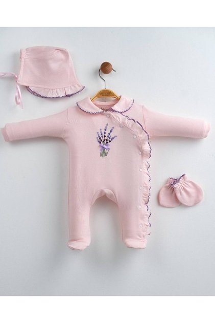 Newborn Baby Girl Hospital Release Set of Cotton Lavender Embroidered Rompers