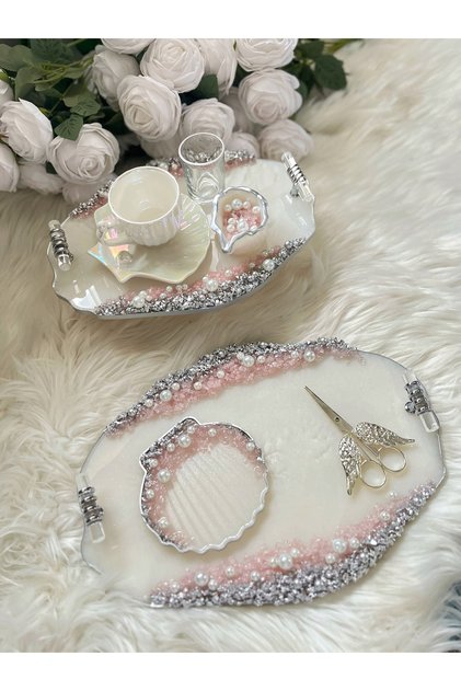 Epoksi Tepsi Toz Pembe Taşlı Nişan Tepsi Seti+incili 7 parça