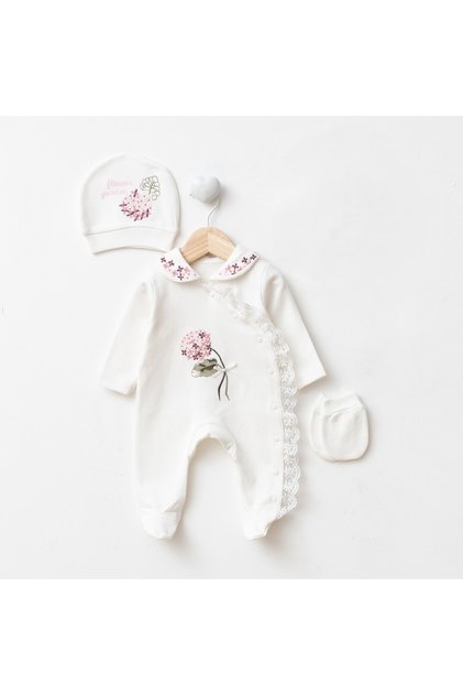 Newborn Baby Girl Hospital Release Set of Cotton Floral Embroidered Rompers Set of 3