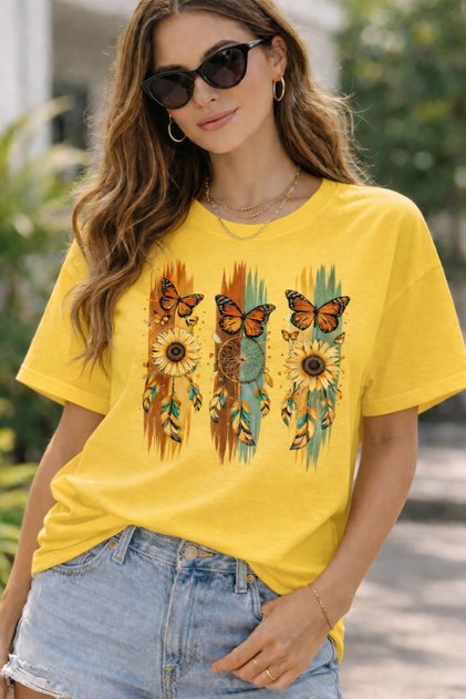Bohemian Sunflower & Butterfly Printed T-Shirt – Unisex Oversized Crew Neck Casual Printed Tee