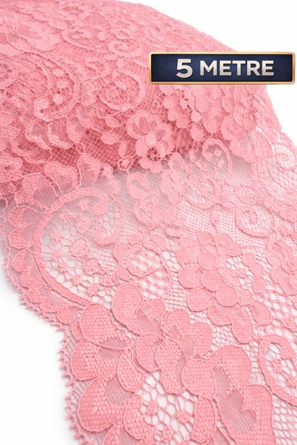 Likralı Dantel 18 cm Genişlik – Pembe – 5 Metre Esnek Dantel Kumaş