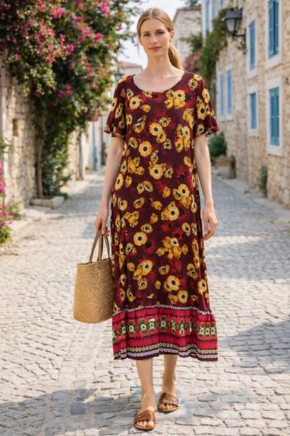 Women's Round Neck Patterned Side Pocketed Casual Relaxed Cut Short Sleeve Dress