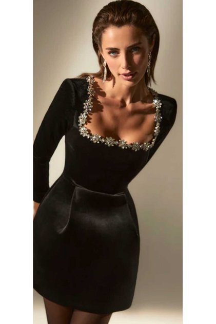 Hanife Glam kare yaka taşlı mini kadife elbise