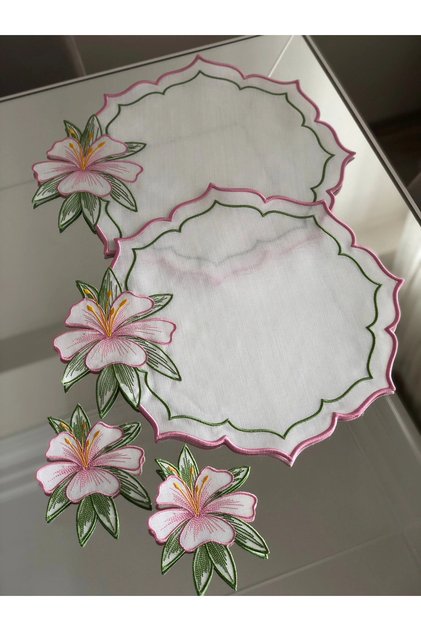 Placemat Supla Presentation Napkins with Lily Embroidery for 2 Persons - 4 Piece Spring Series with Gift