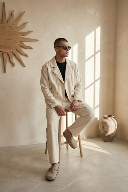 Men's Linen Jacket Baggy Pants Beige Bottom Top Set Elastic Lace-Up Comfortable Cut Ls-5703