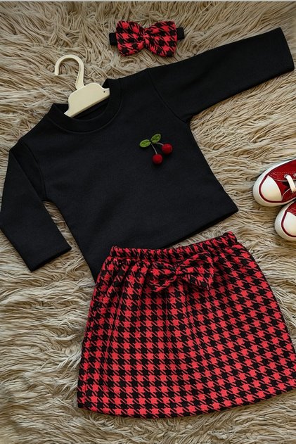 Eid-Themed Houndstooth Patterned Skirt Stretchy Ribbed Knit Blouse and Bandana 3-Piece Set