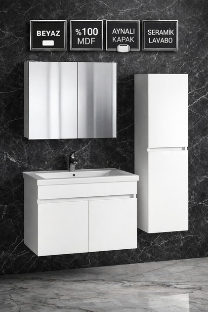 80 cm Beyaz Banyo Dolabı Takımı - Seramik Lavabolu Aynalı Hazır Banyo Dolabı Seti