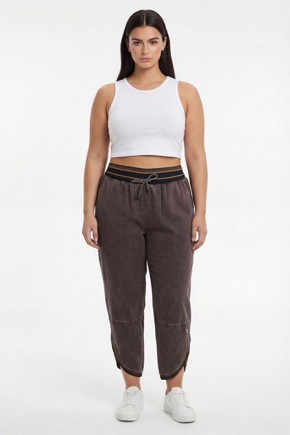 Women's Brown Summer Pants Drawstring Waist, Ribbed and Elastic Hem Detail