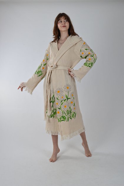Peştemal Bornoz Müslin Pamuklu Plaj Papatya Desen 1Adet Unisex Beachwear Kimono Kaftan