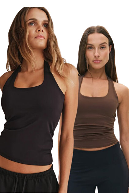 Brown/Black Halter Neck Women's Tank Top Set of 2 Mg2680