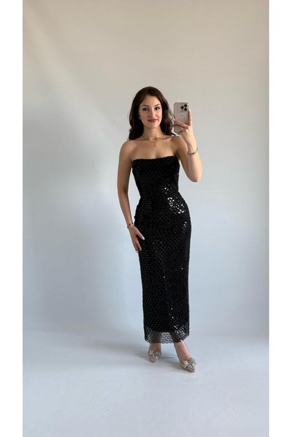 Mermaid Midi Straplez Abiye Siyah