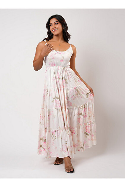Sleeveless Tiered Maxi Night Gown with Floral Print