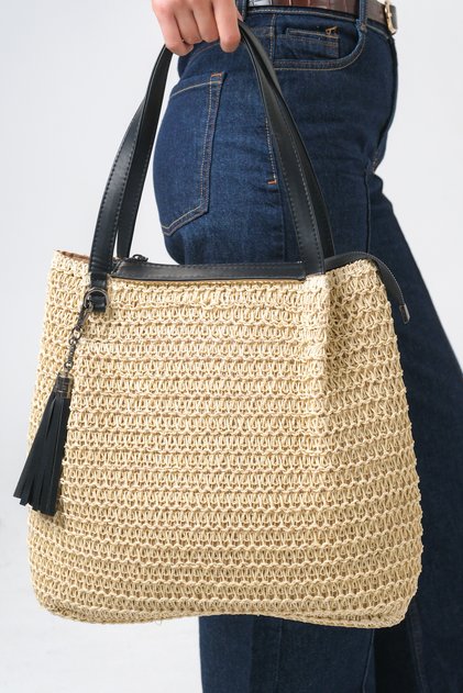 Women's Straw Weave Large Size Daily Wear Shoulder Bag Tassel Detailed Bag Sorina