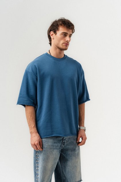 Unfinished Basic Crew Neck Stitch-Free Sleeve Detail Oversized T-Shirt