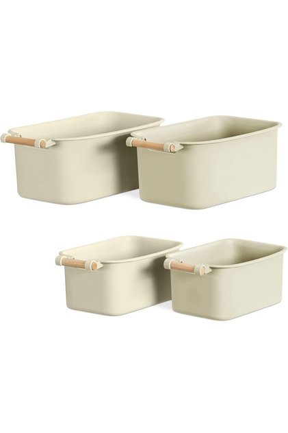 Set de 4 cutii de depozitare, plastic, mâner din lemn, 2 dimensiuni, cutii de depozitare, crem