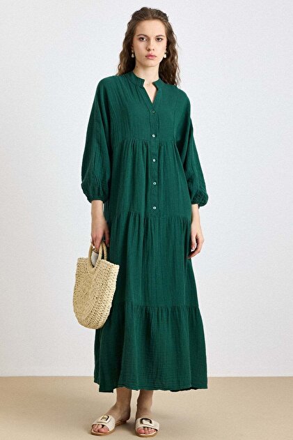 Olcay Batwing Sleeve Button Detailed Muslin Casual Dress Emerald 9330-E-  Trendyol
