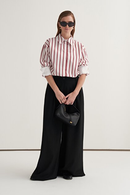 Women's Poplin Contrast Cuffed Shirt Claret Red Striped