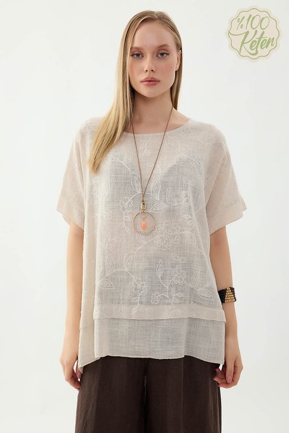%100 Keten Çiçekli Oversize Bluz