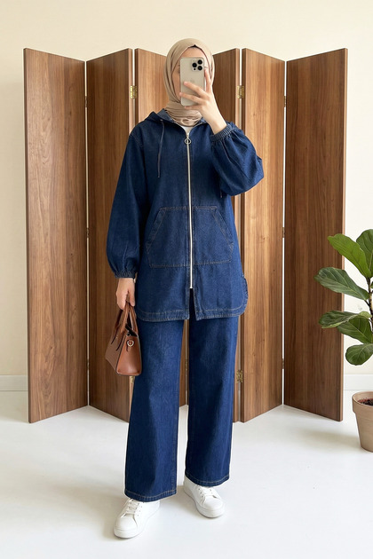 Fermarlı Kanguru Pocket Detail Trousered Jeans Set - Dark Blue