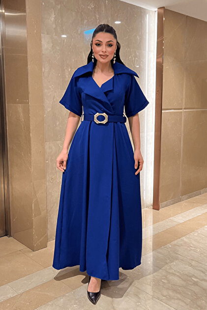 crep Rochie din țesătură decolteu petrecut în V din curea piese - albastru cobalt ALBASTRU