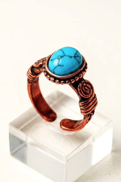 Women's Copper Ring - Tree Bark Model Copper Ring with Turquoise Natural Stone