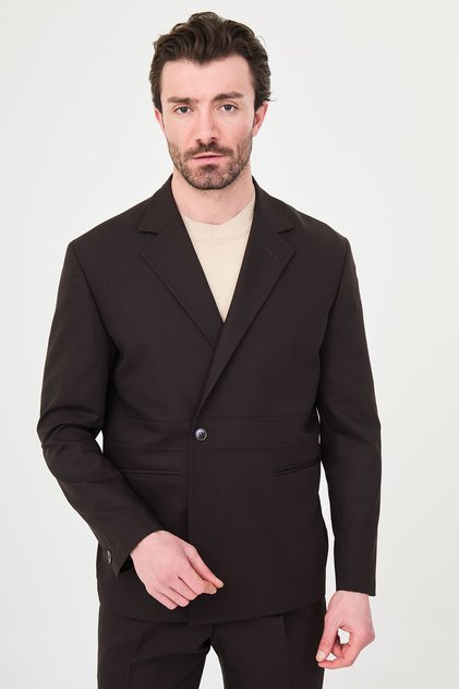 Plain Slim Fit Mono Collar Single Button Pleated Pants Men's Suit Coffee - 45459.26Y