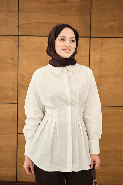 Women's Pleated Waist Detail Hidden Button Shirt White