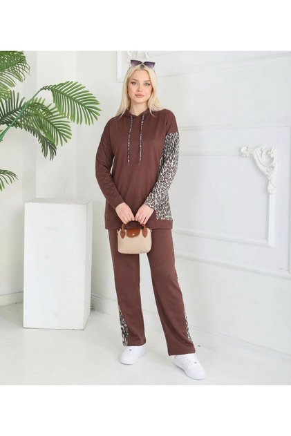 Leopard Detailed Tunic Pants Transitional Top and Bottom Set