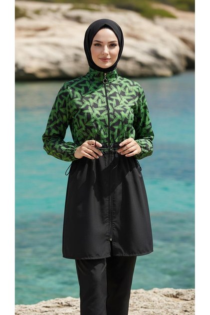 Fully Covered Patterned Hijab Conservative Swimsuit 3-Piece Set Parachute Fabric