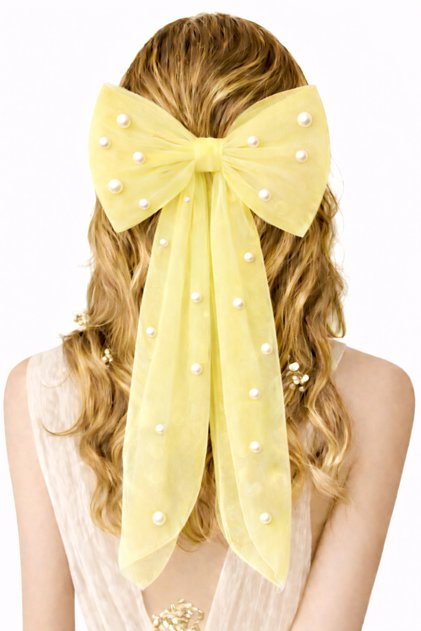 Pearl Detailed Satin Bow Hair Clip with Scalloped Edge