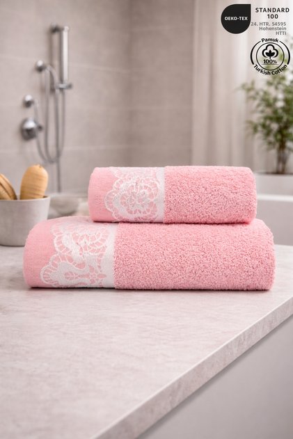 Milano 2-Piece Guipure Lace Towel Set 100% Cotton Certified Bath Towels Jacquard 50X90Cm - 70X140Cm Pink